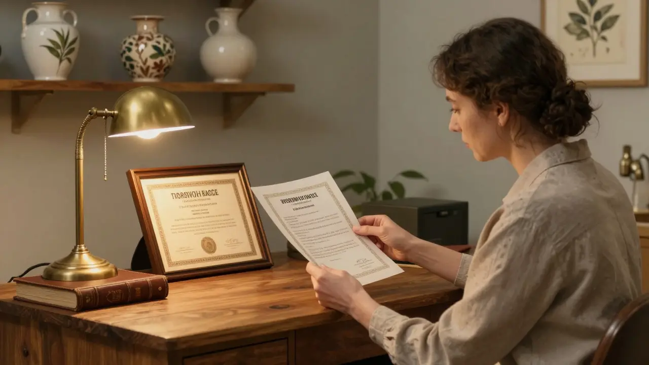 Terapeut kontrolující certifikaci na stole s tradičním designem