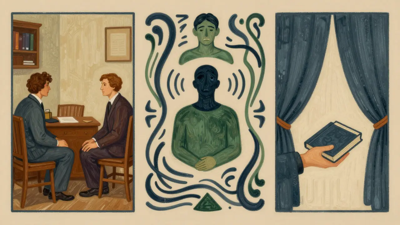 Ilustrace fáze terapie: přivítání, emocionální proces a uzavření sezení ve stylu Arts and Crafts