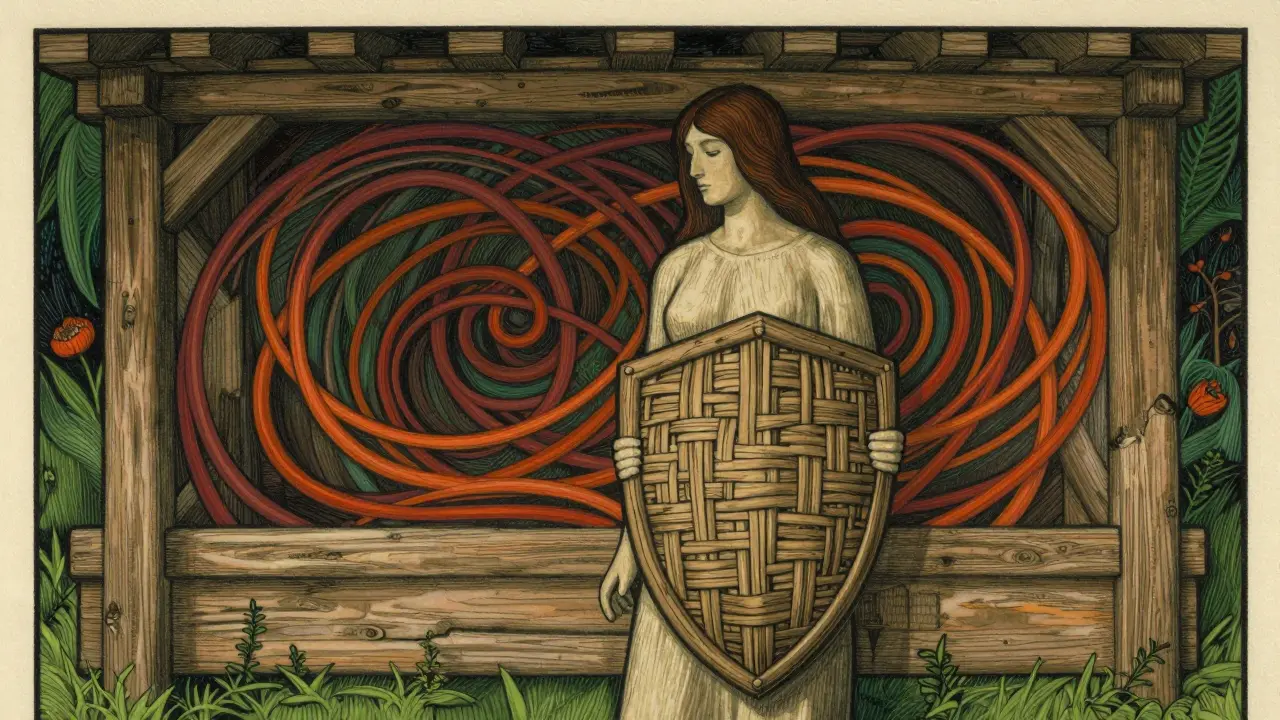 Ilustrace hranic a emocí ve stylu Arts and Crafts s dřevěným štítem