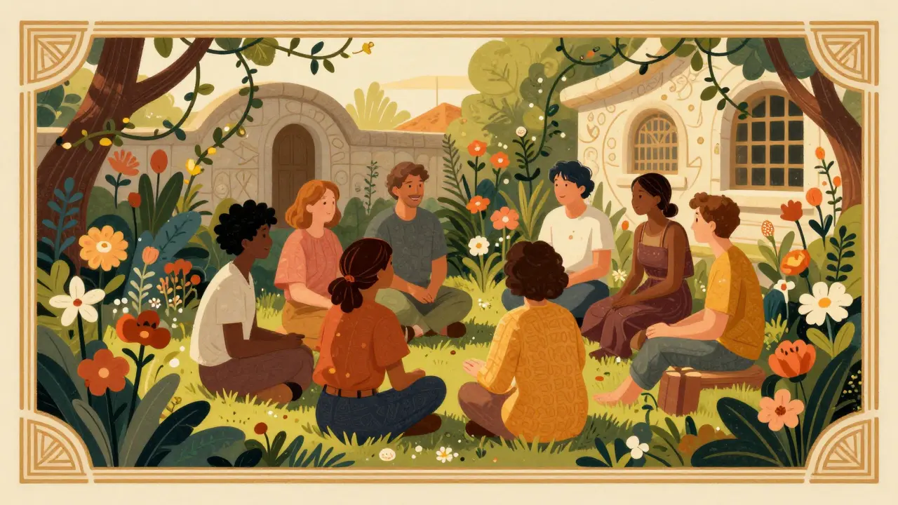 Ilustrace ve stylu Arts and Crafts: komunita podporující se v zahradě, symbolizující dlouhodobé zotavení