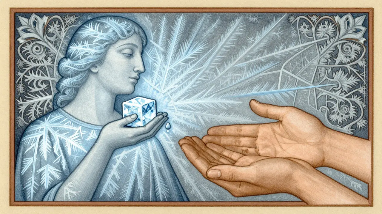 Ilustrace ve stylu Arts and Crafts: symbolické ochlazování a bezpečný kontakt s geometrickými mrazivými vzory.