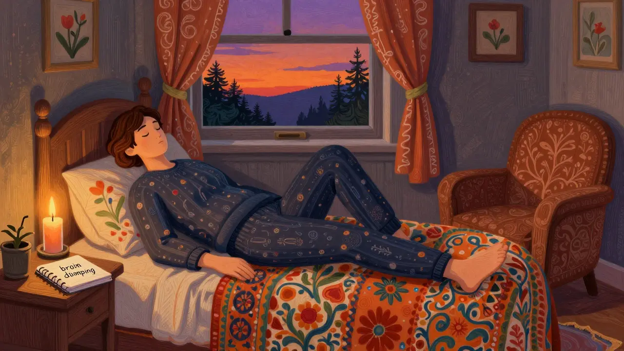 Ilustrace ve stylu Arts and Crafts: večerní rituál relaxace a digitálního detoxu v útulné ložnici