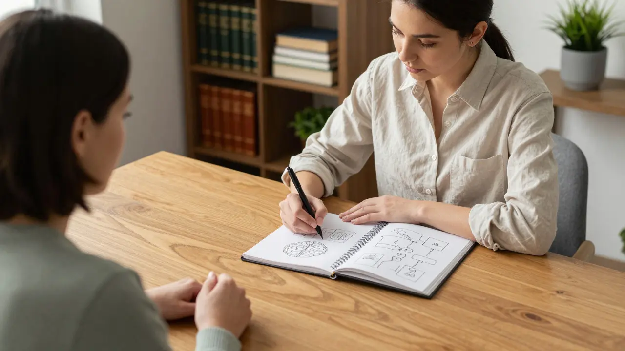 Terapeut s rodinným příslušníkem u stolu s materiály pro psychoedukaci