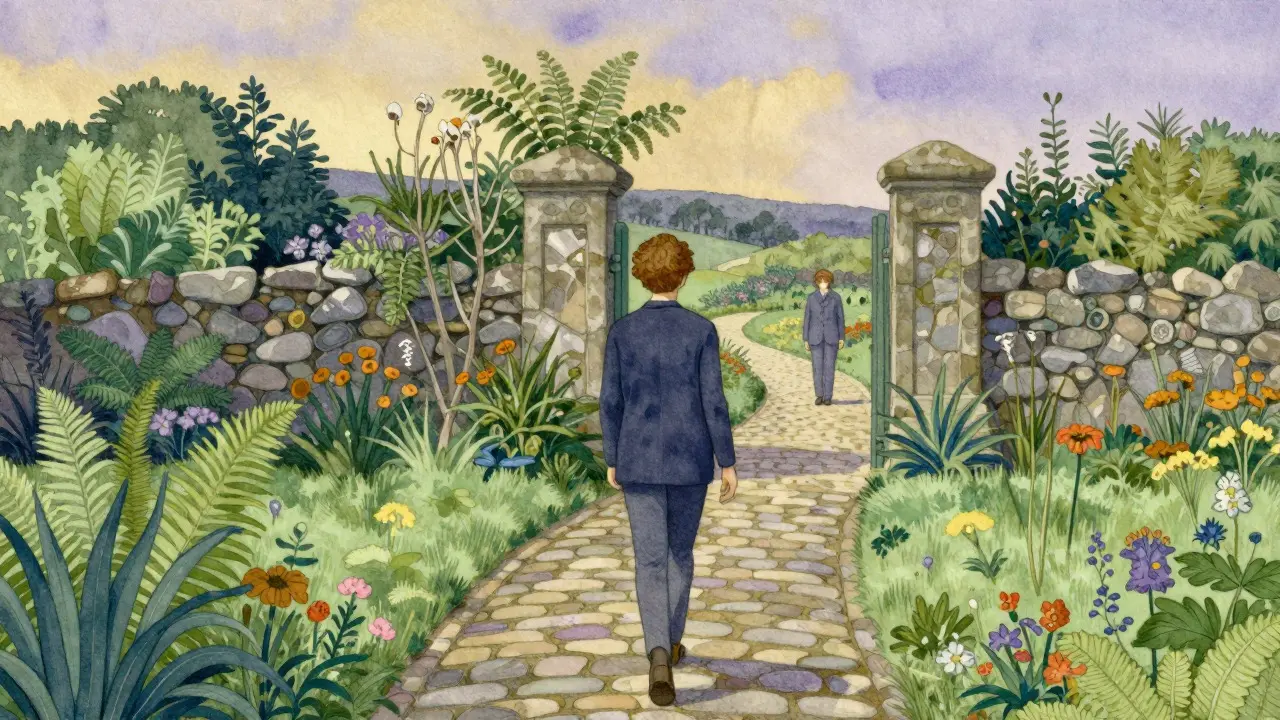 Člověk kráčí po stezce k zahradní bráně v ilustraci