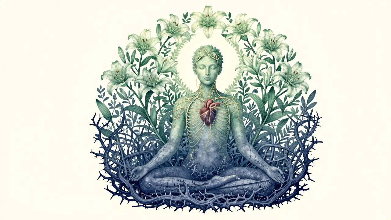 Dekorativní ilustrace postavy v meditaci s rostlinnými motivy pro terapii traumatu