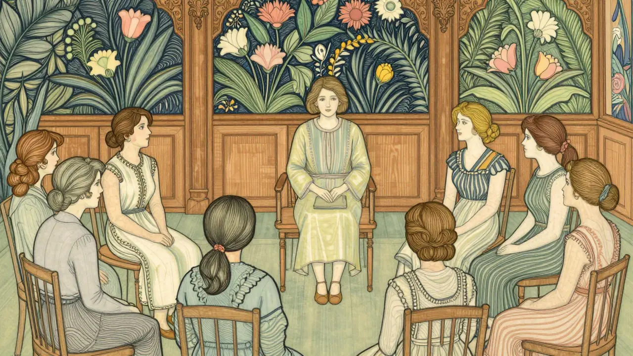 Ilustrace klidného skupinového rozhovoru ve stylu umění a řemesel