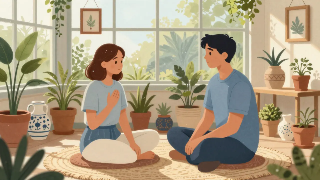 Ilustrace terapeutického setkání v slunné zimní zahradě plné rostlin a ručně vyráběných předmětů.