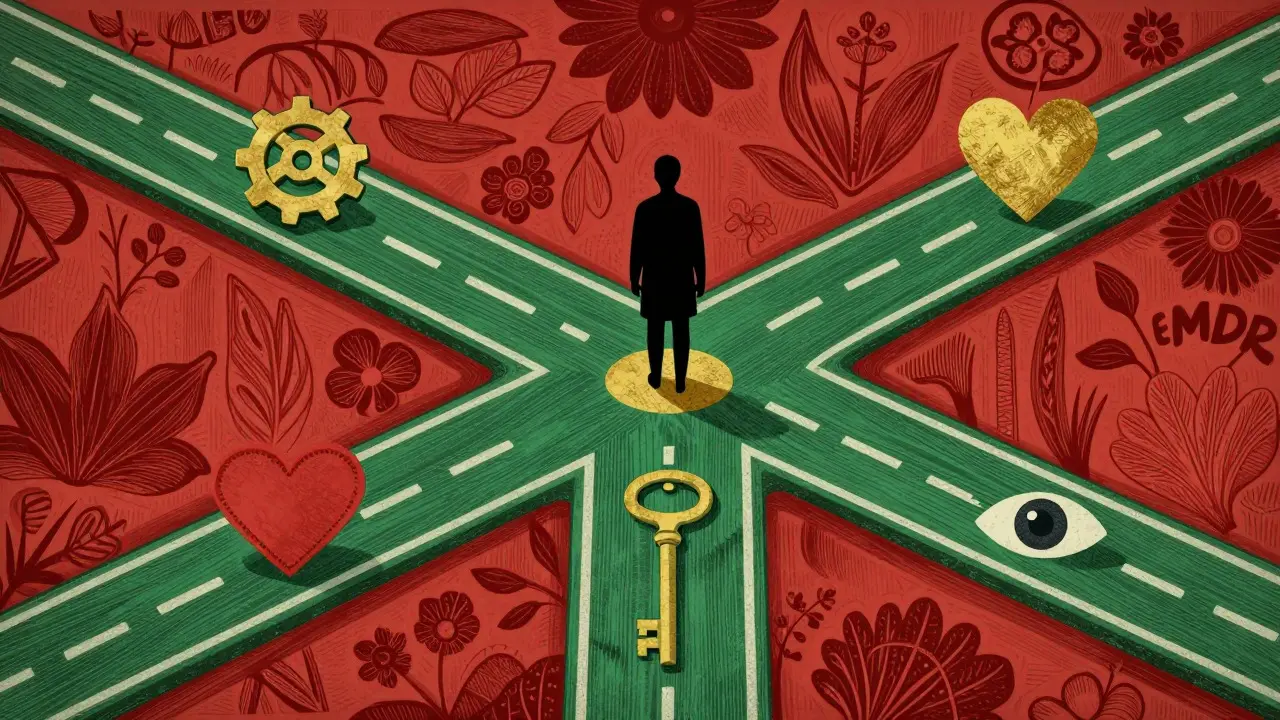 Křížovka se čtyřmi cestami symbolizujícími různé terapeutické přístupy