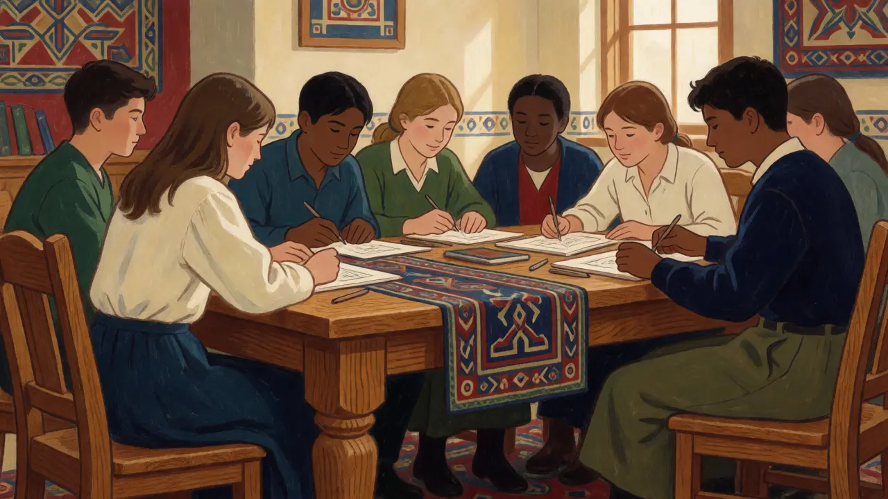 Skupina teenagerů spolupracuje u stolu na kreativním projektu v ilustraci