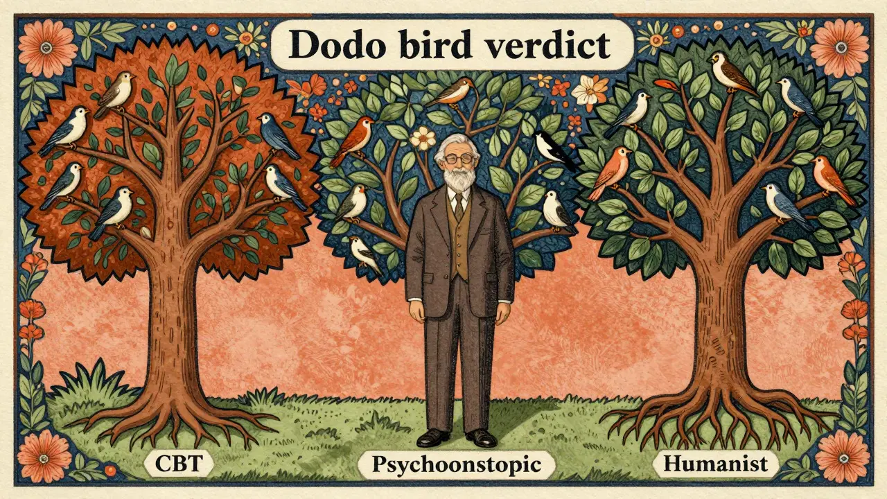 Umělecká ilustrace různých terapeutických škol rostoucích jako stromy pod vedením terapeuta.