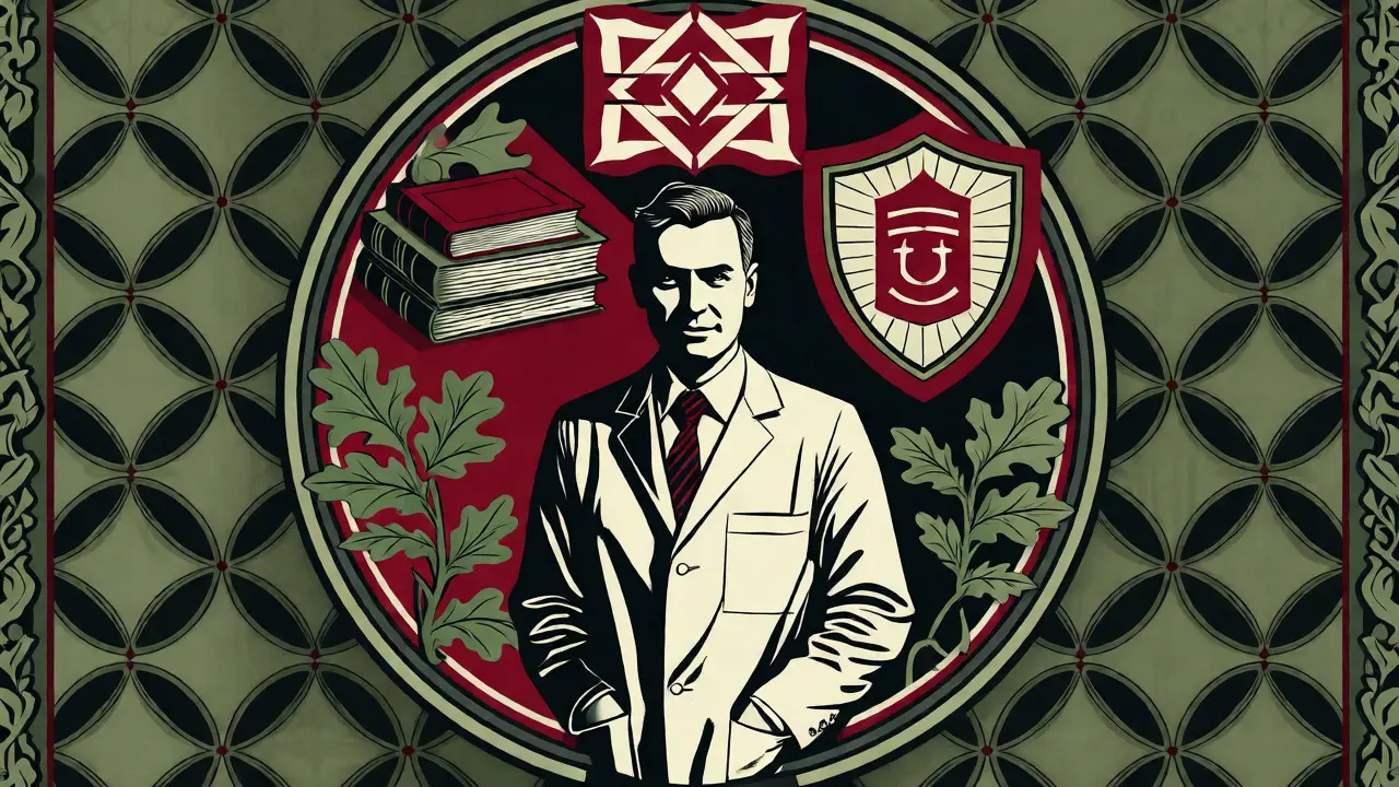 Arts and Crafts ilustrace terapeuta s symboly nových legislativních požadavků na kvalifikaci.