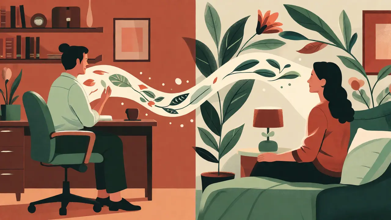 Dvě postavy propojené dekorativní stuhou představující bezpečné terapeutické spojení, ilustrační styl.
