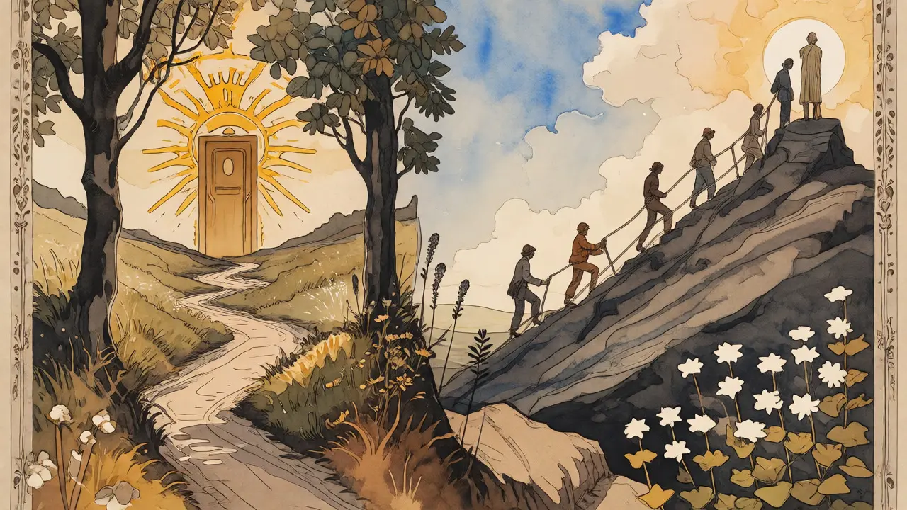 Ilustrace cesty k dostupné terapii jako výzvy v krajině české přírody.