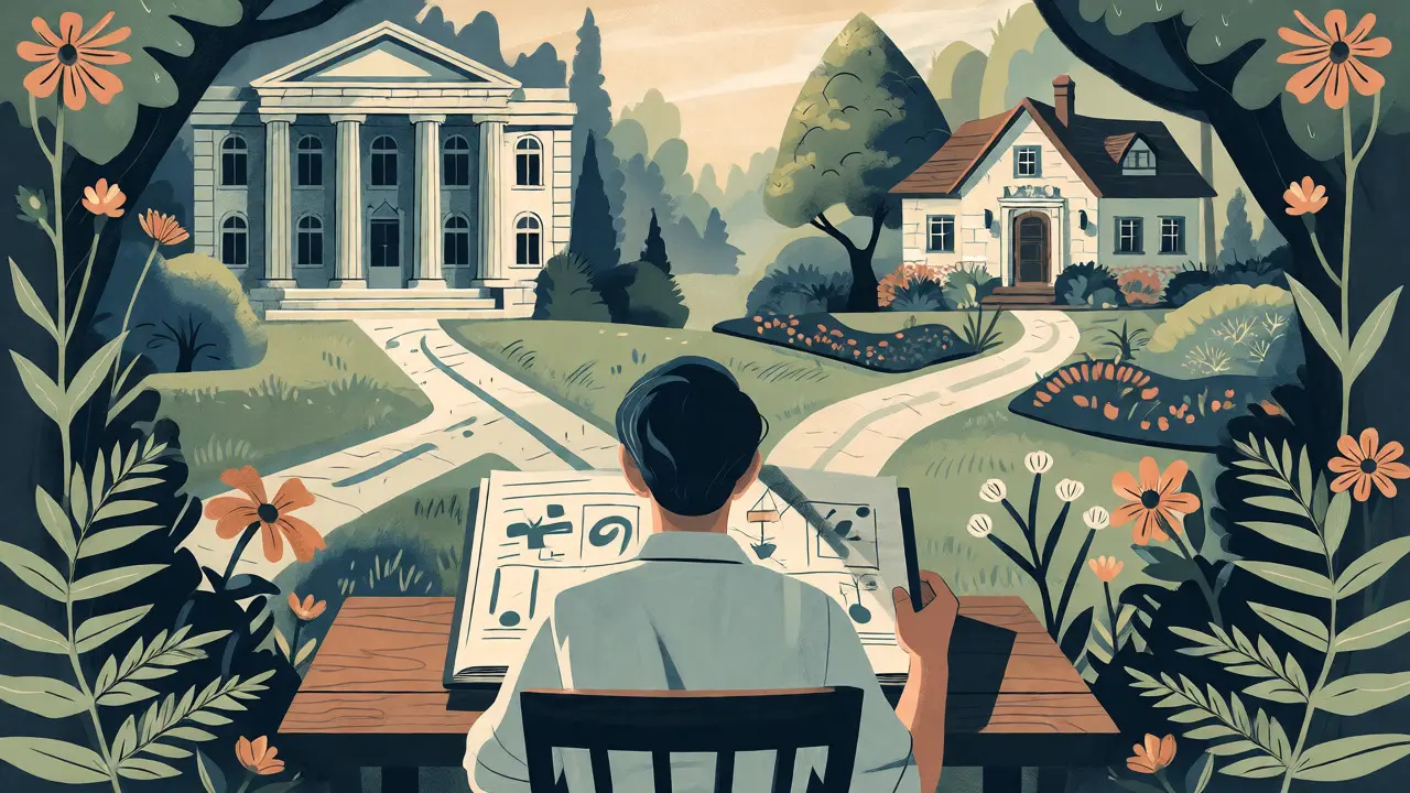 Ilustrace pacienta vybírajícího mezi cestou k veřejnému zdravotnictví a soukromé péči.