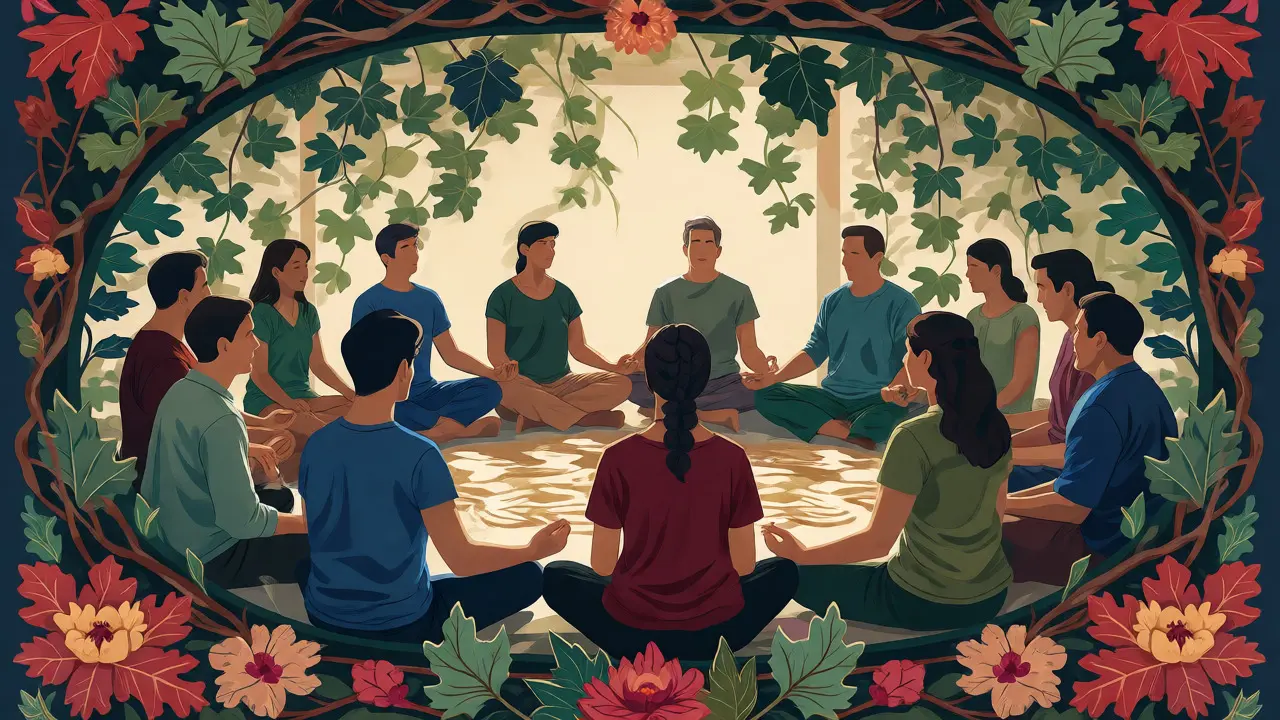 Ilustrace skupiny lidí v kruhu meditace rámovaná rostlinnými motivy