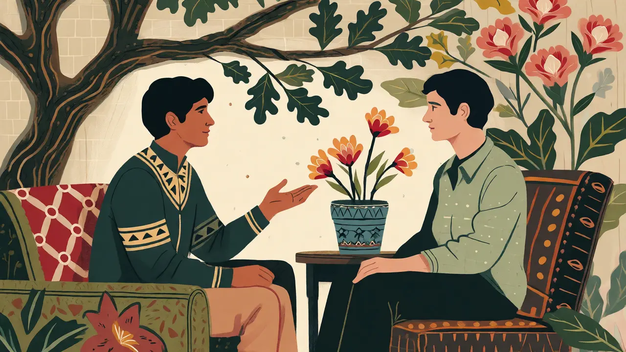 Ilustrace terapeutického rozhovoru mezi dvěma lidmi ve stylu Arts and Crafts.