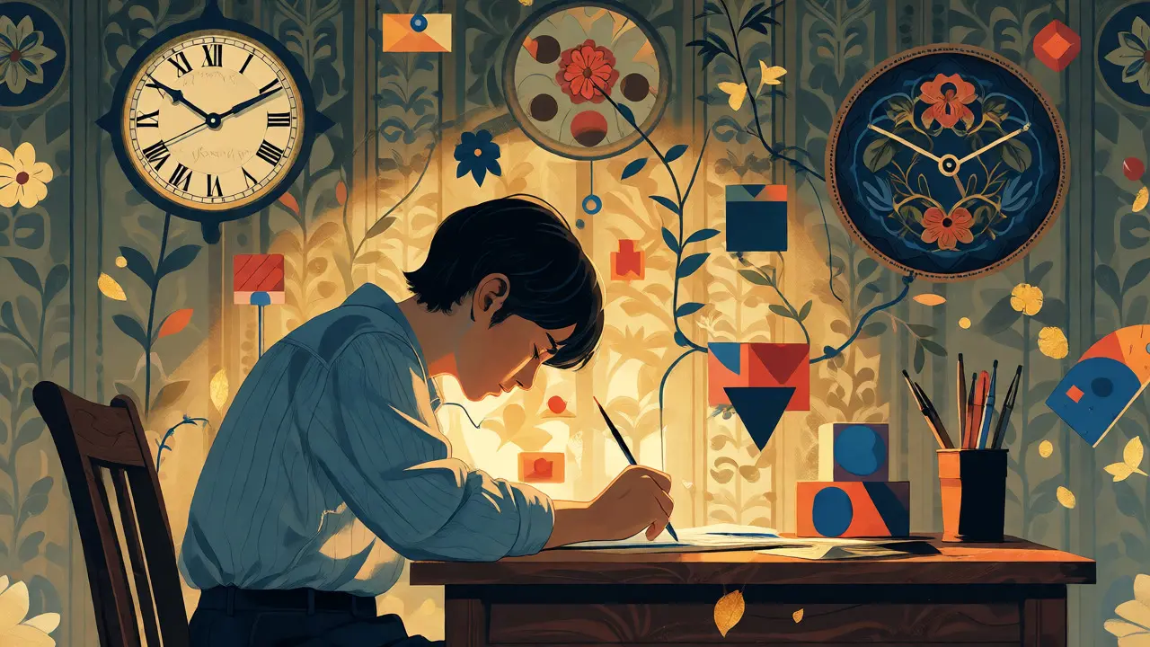 Ilustrace ve stylu Arts and Crafts s osobou soustředěnou na práci obklopenou vizuálními symboly času