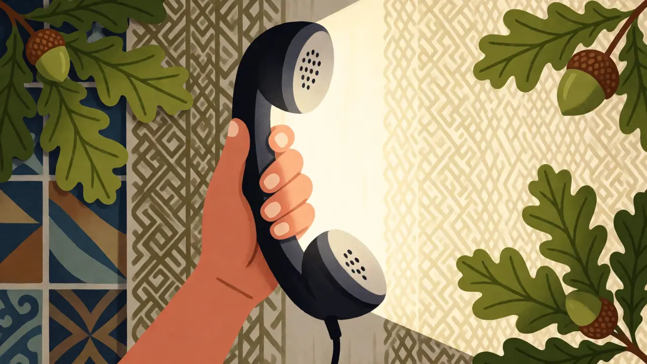 Ruka drží telefonní sluchátko, pozadí tvoří dekorativní rostlinné vzory ve stylu Arts and Crafts.
