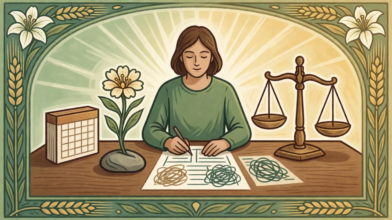 Stylizovaná ilustrace osoby uspořádávající svůj život pomocí terapije, obklopená rostlinnými motivy.