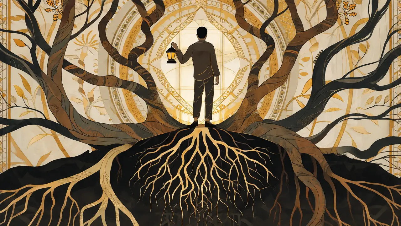 Abstraktní ilustrace kořenů a postavy s lucernou znázorňující sebereflexi.
