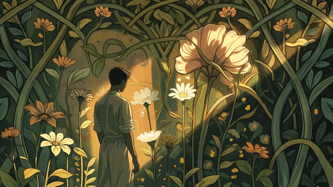 Abstraktní ilustrace v stylu Arts and Crafts znázorňující osobní růst prostřednictvím kvetoucí zahrady a složitých rostlinných motivů.