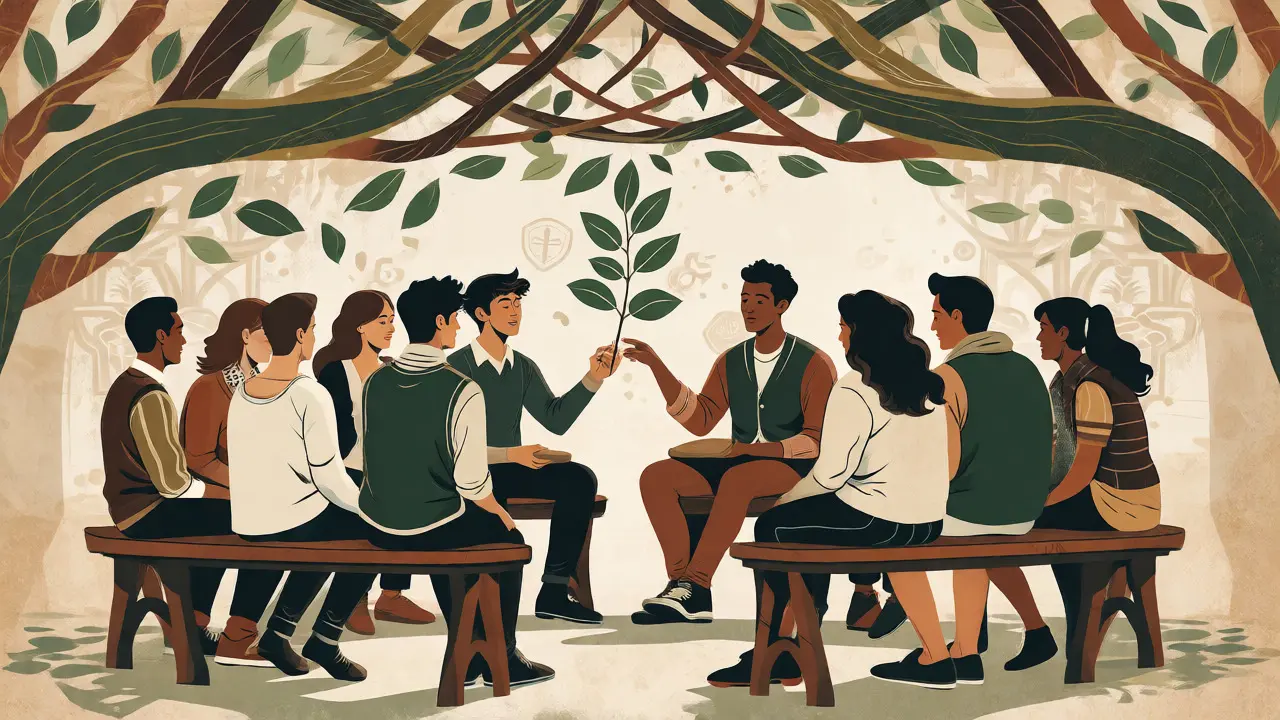 Group of students in supportive circle under leafy canopy