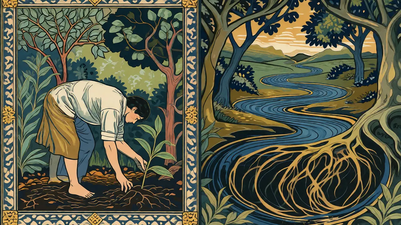 Ilustrace kontrastující praktickou terapii s hloubkovým zkoumáním v zahradním prostředí.