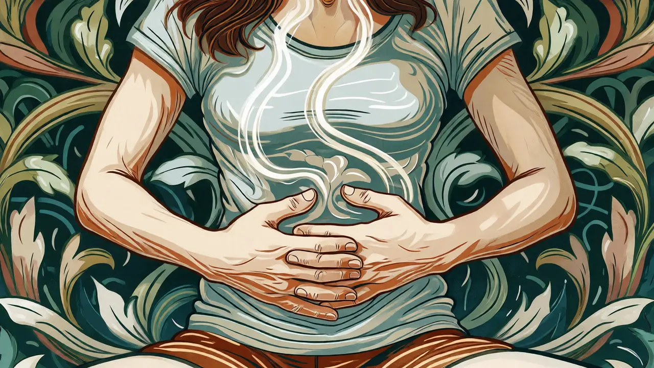 Ilustrace osoby cvičící dechová cvičení pro uklidnění obklopené rostlinnými motivy.