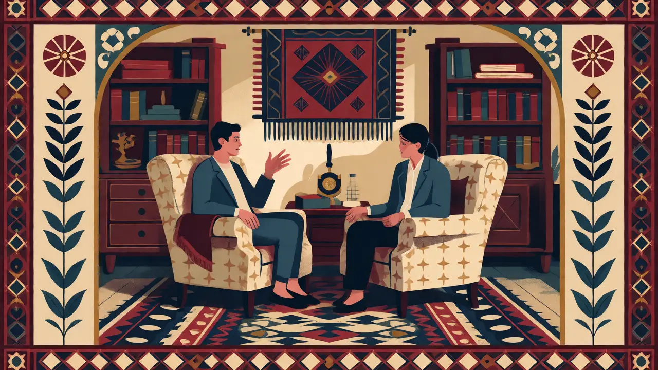 Ilustrace terapeutické sezení dvou osob v útulném pokoji ve stylu Arts and Crafts.