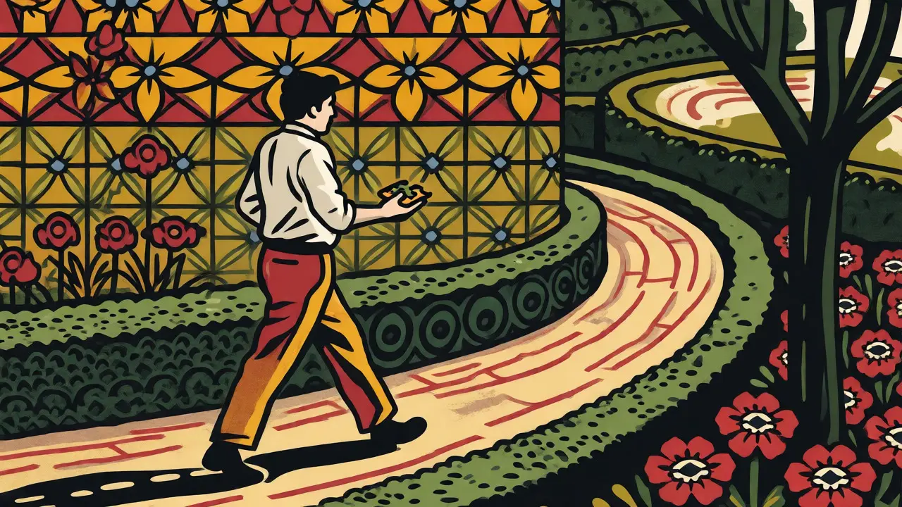Ilustrace v duchu Arts and Crafts zachycující osobu kráčející po cestě v zahradě jako aktivní zvládání stresu.