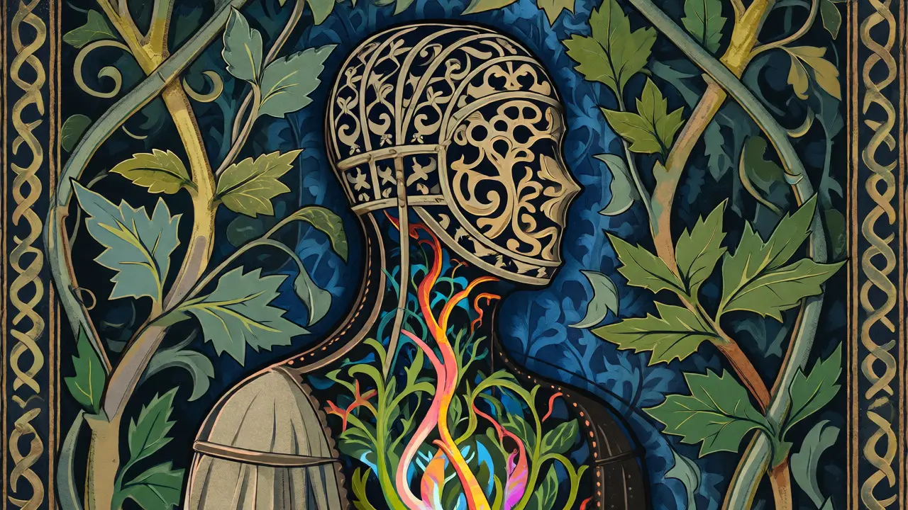 Stylizovaná ilustrace maskování a autentického já s květinovými a železářskými prvky.