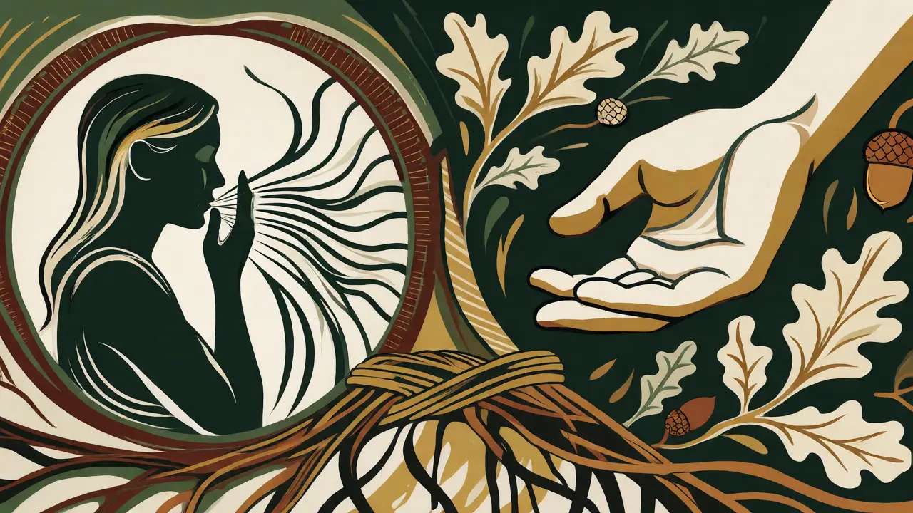Symbolická ilustrace přechodu od samoléčby k odborné pomoci pomocí mostu z kořenů ve stylu Arts and Crafts.