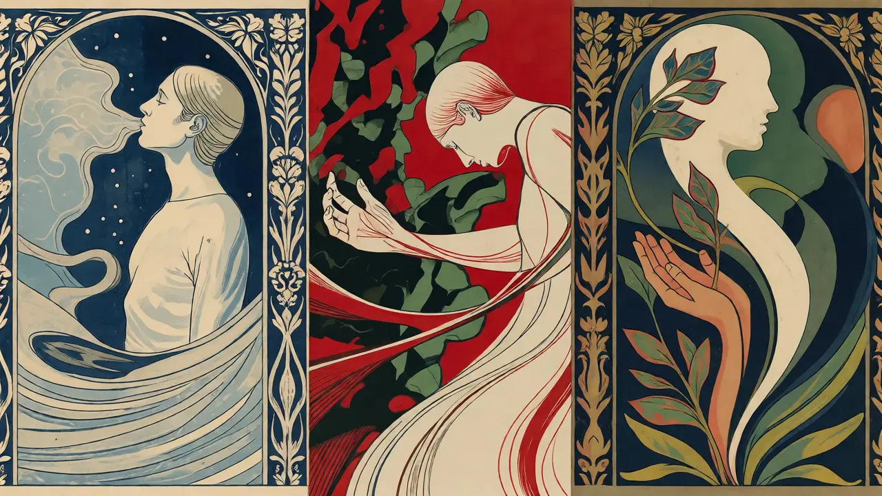 Třípanelová ilustrace ve stylu Arts and Crafts znázorňující fáze terapie: stabilizaci, práci a integraci